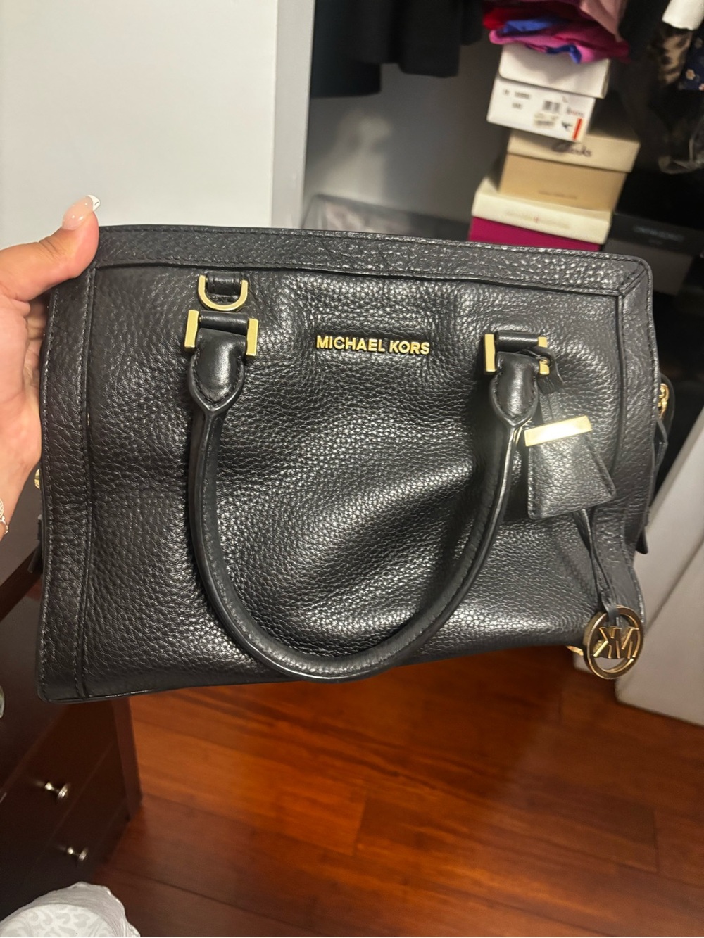 Michael Kors Black Pebbled Leather Satchel with Gold Accents
